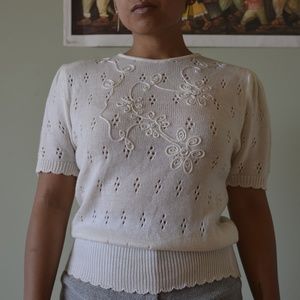 Lovely Vintage White Crochet/Knit and Beaded Top